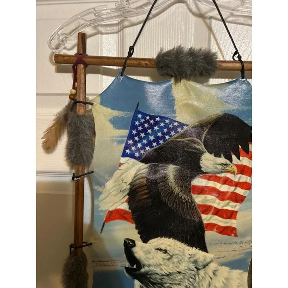 Vintage Style Eagle Wolf American Flag Faux Hide Wood Frame Wall Hanging Decor - Picture 2 of 6